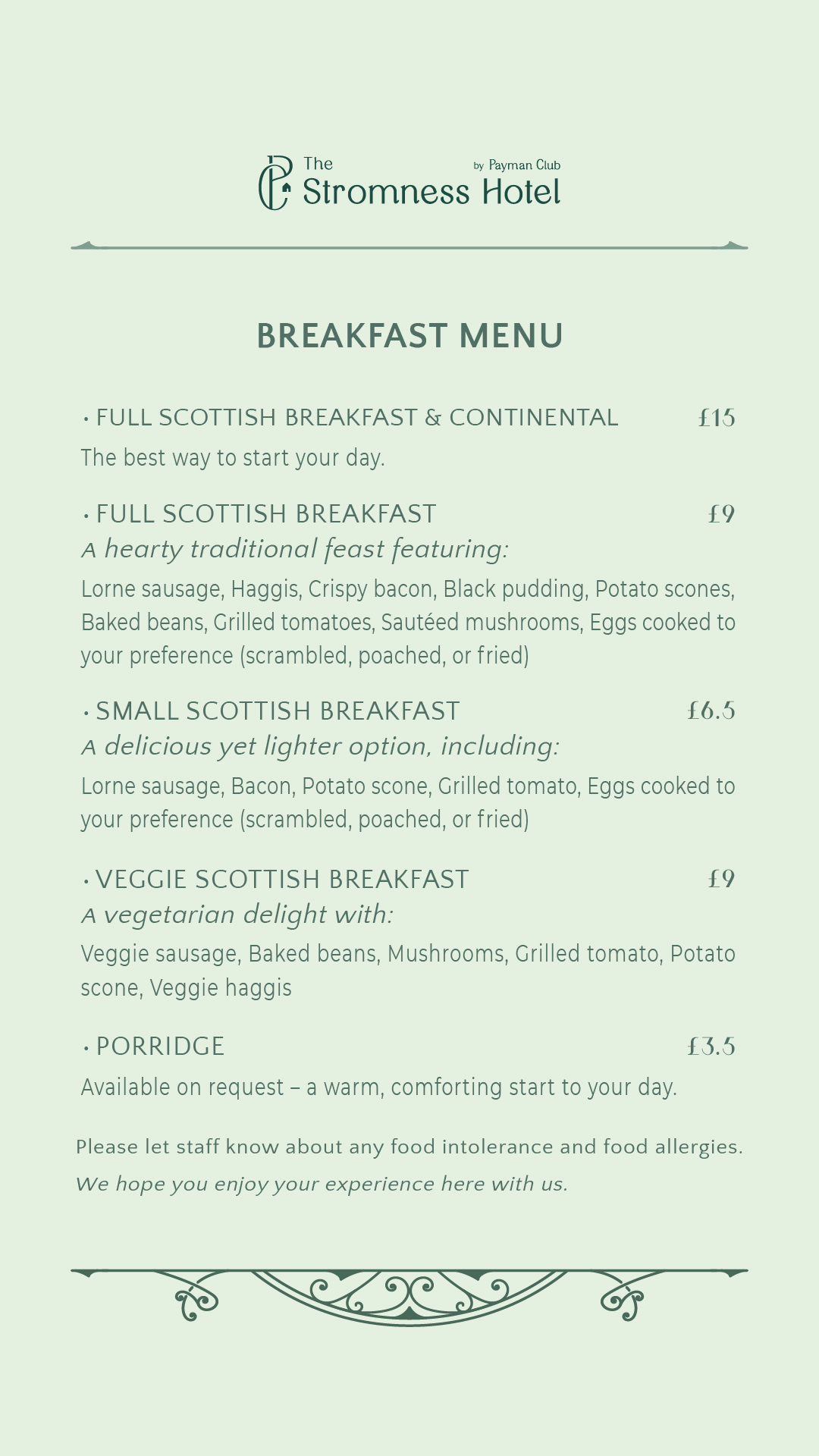 The Stromness Hotel Breakfast Menu