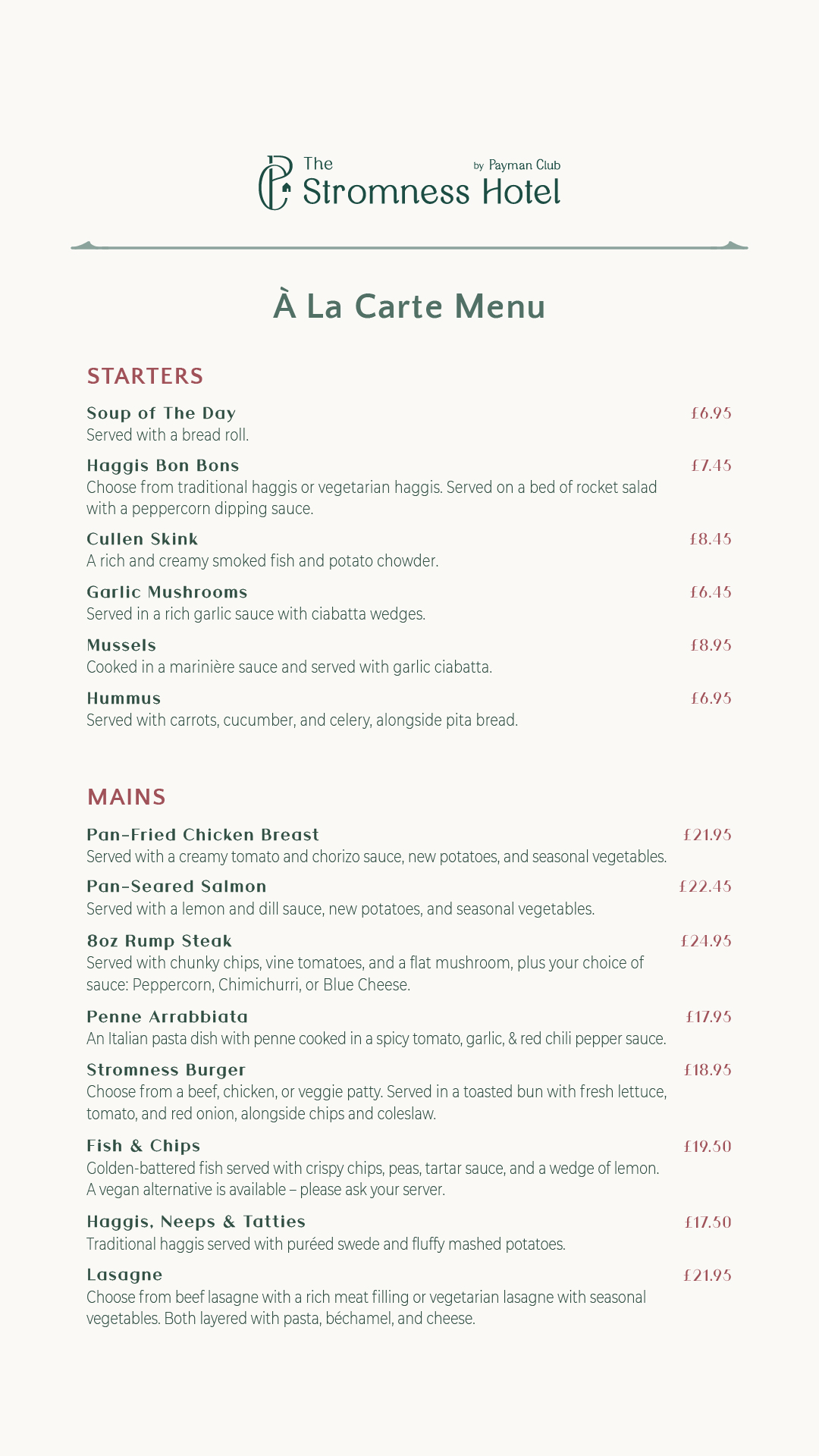 The Stromness Hotel A La Carte Menu - Starters and Mains