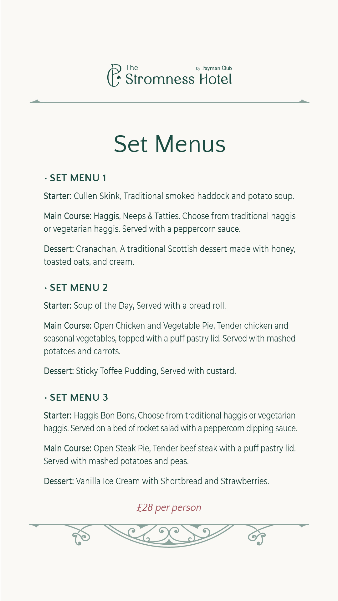 The Stromness Hotel Set Menu Additional Notes - Price visible on image