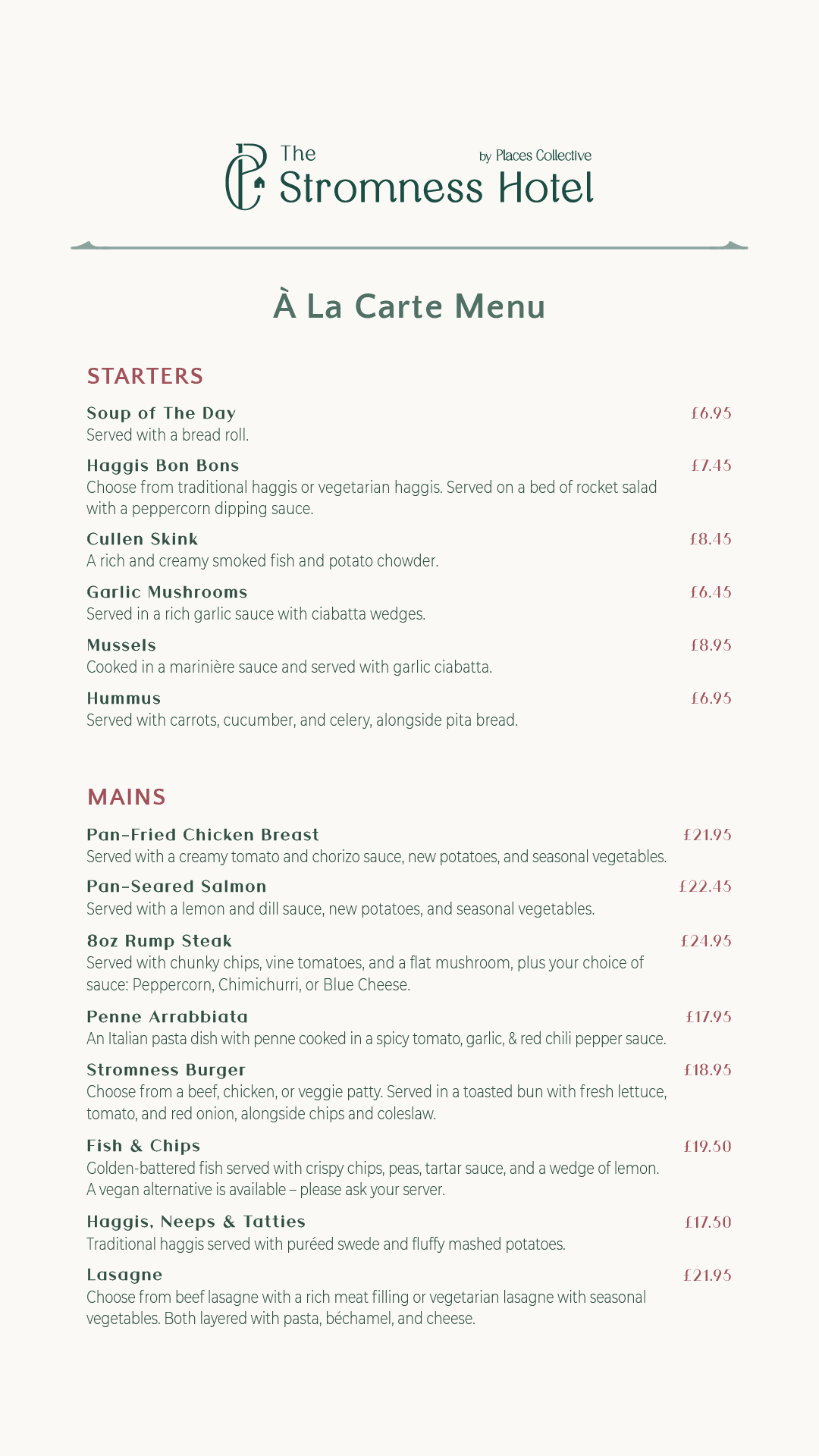 The Stromness Hotel A La Carte Menu - Starters and Mains