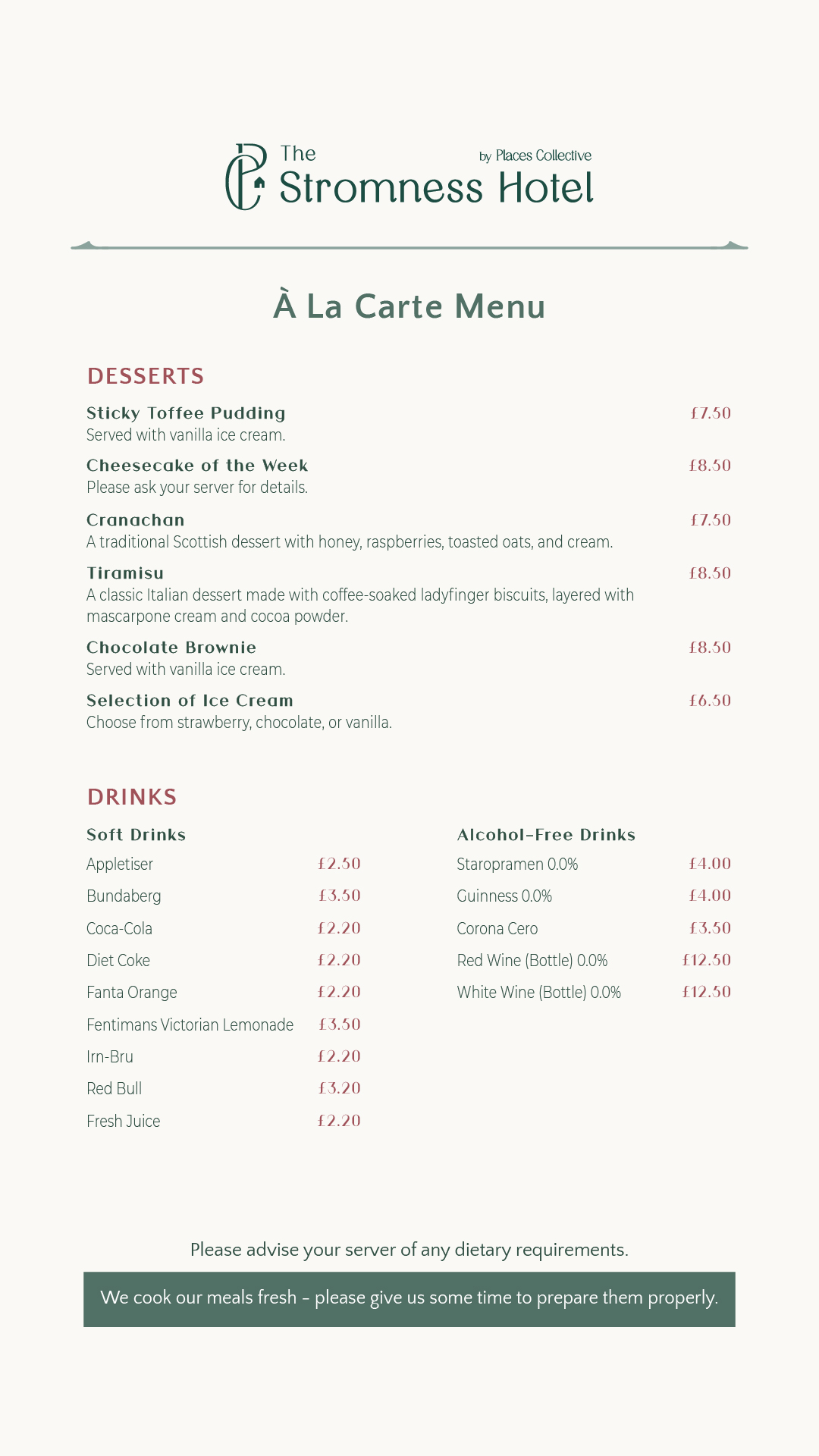 The Stromness Hotel A La Carte Menu - Desserts and Drinks