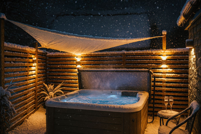 Snowy Hot Tub Retreat at Night