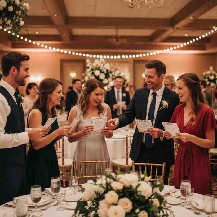 Guests mingling during the Find the Guest Challenge as interactive wedding ideas