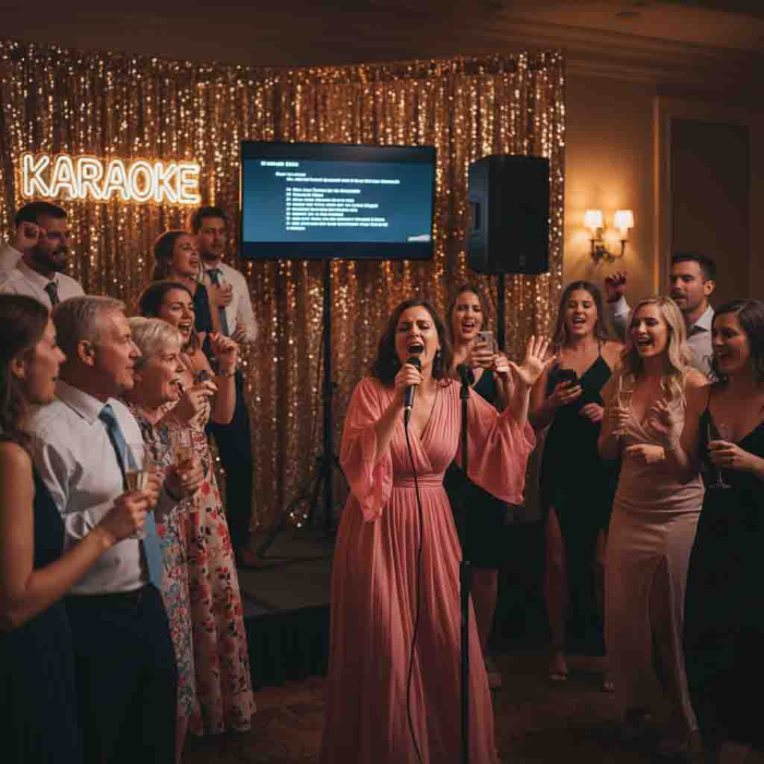 Guests singing in a karaoke corner as wedding games for adults