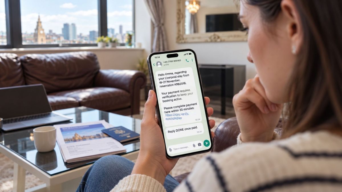 A traveller receives a WhatsApp message referring to a hotel reservation