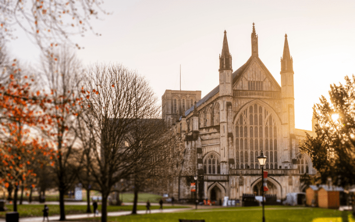 Winchester Cathedral & surrounding historic streets on a winter
