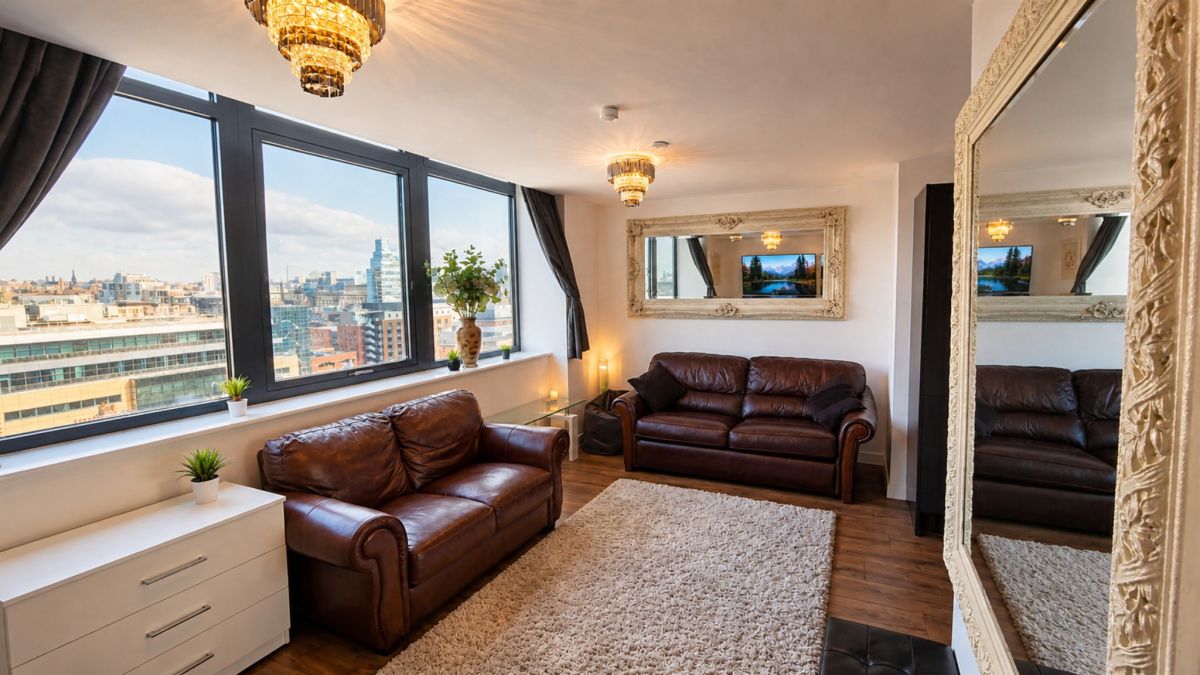 Bright living area with city views, Sidemersey Livings Liverpool apartment