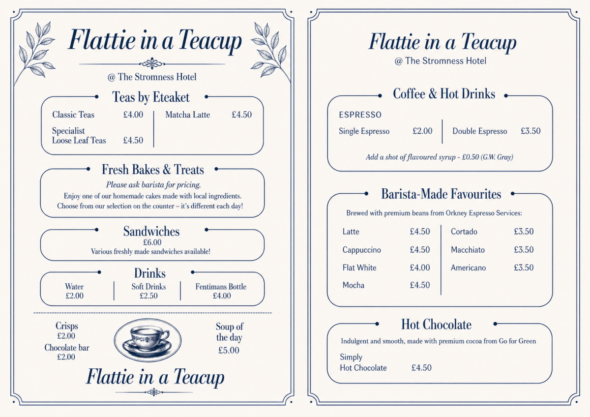 Flattie in a Teacup café menu