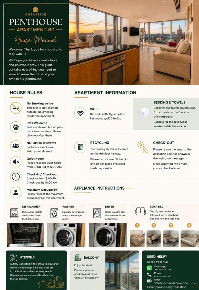 Cheapside Penthouse Apartment 60 house manual showing apartment rules, Wi-Fi information, bedding, recycling, check-out and appliance instructions