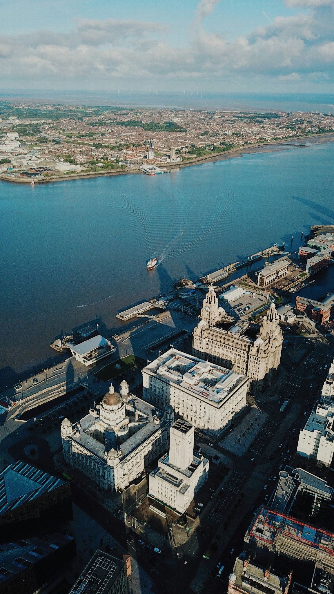 Aerial view over Pier Head and River Mersey