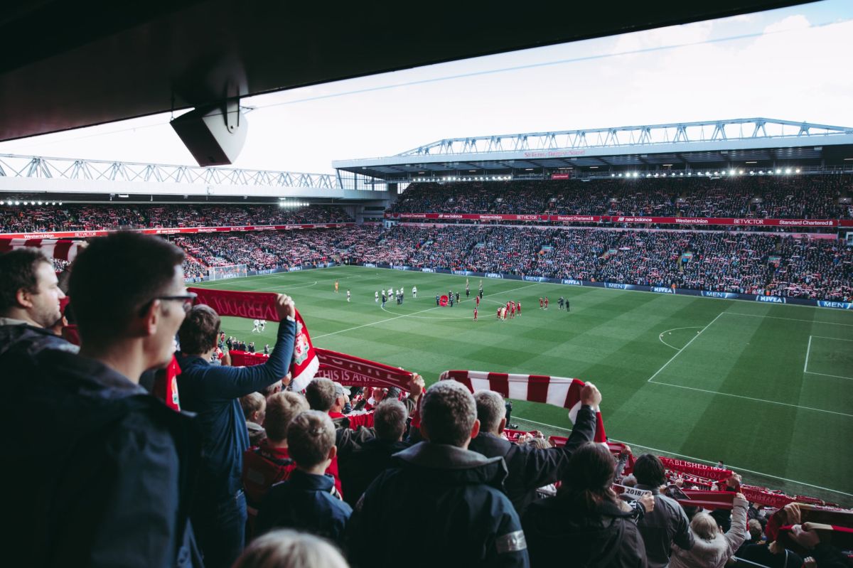 Liverpool football supporters inside Anfield Stadium