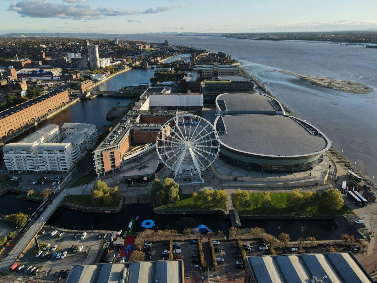Liverpool waterfront and Wheel of Liverpool during the summer