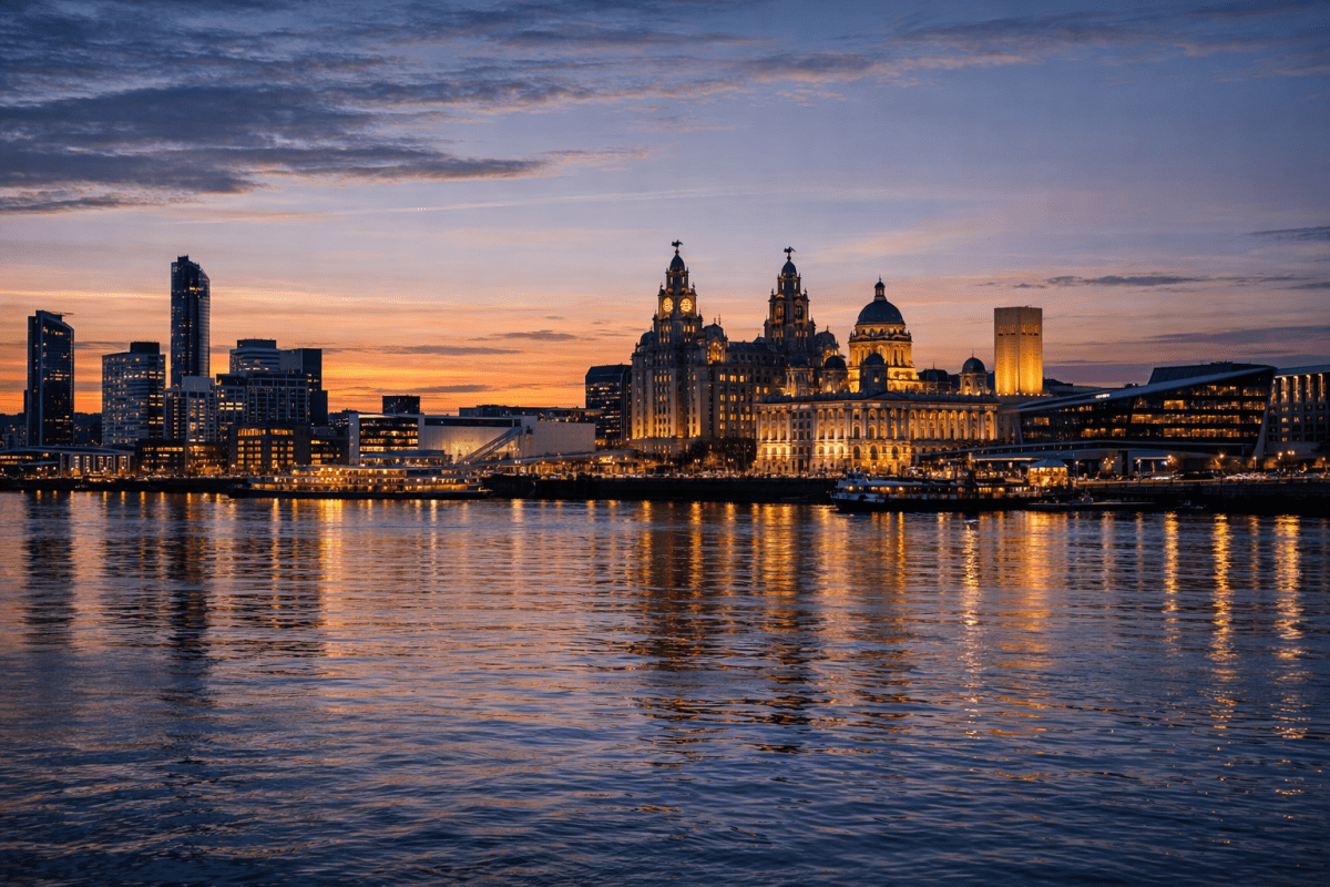 Liverpool waterfront at sunset during summer