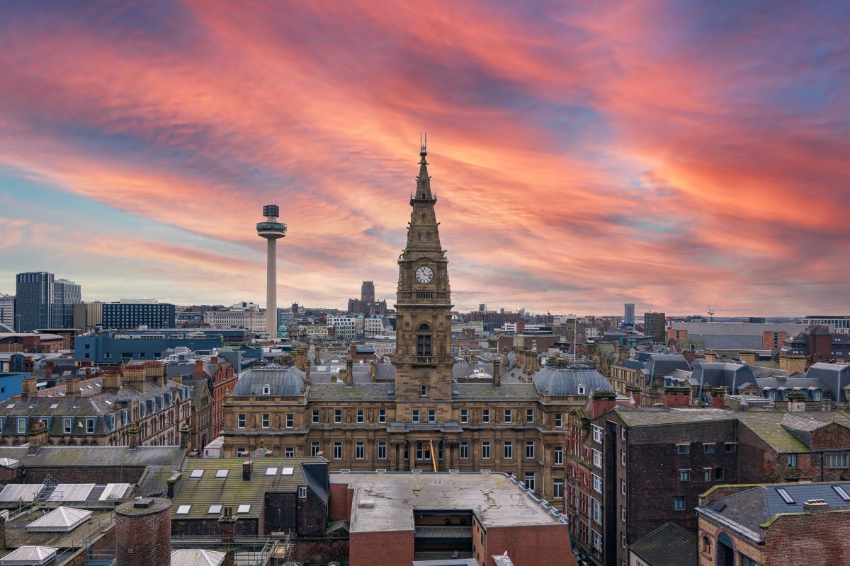 Liverpool city skyline at sunset in early autumn